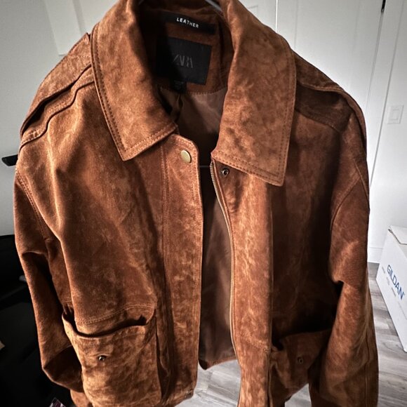 ZARA 100% SUEDE BOMBER JACKET WITH POCKETS - Picture 2 of 4